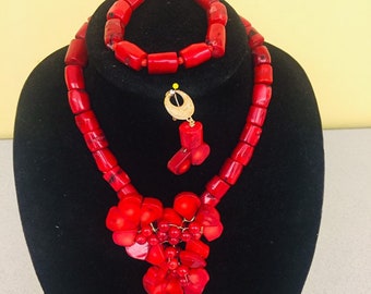 Elegant Red Coral Bead Necklace Set, Mother's Day Gift, Nigerian Wedding Bead, Coral bead Necklace Set, African Wedding Beads Jewelry Set