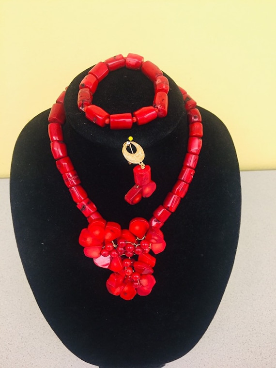 Elegant Red Coral Bead Necklace Set, Mother's Day Gift, Nigerian Wedding Bead, Coral bead Necklace Set, African Wedding Beads Jewelry Set