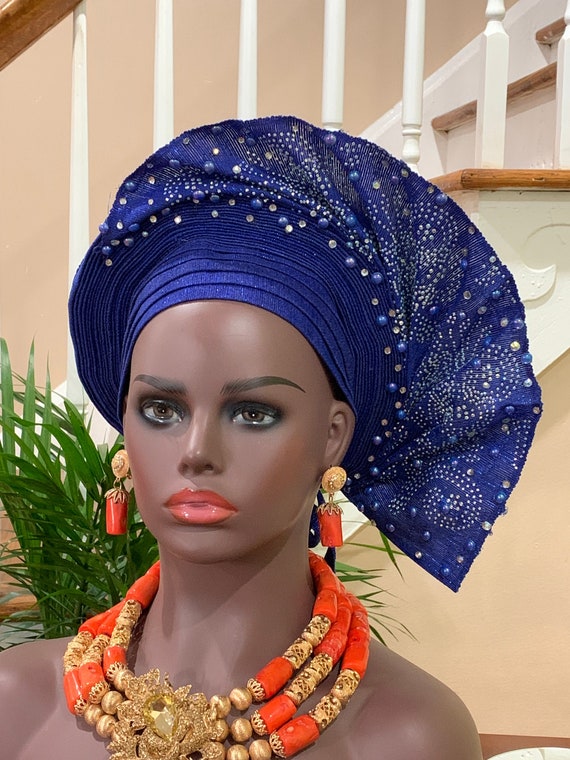 Asoke Auto Gele, African Headwrap, Nigerian Wedding Head Wrap, Handmade Ready To Wear Stoned  Asoke Head Wrap, African Royal Wrap