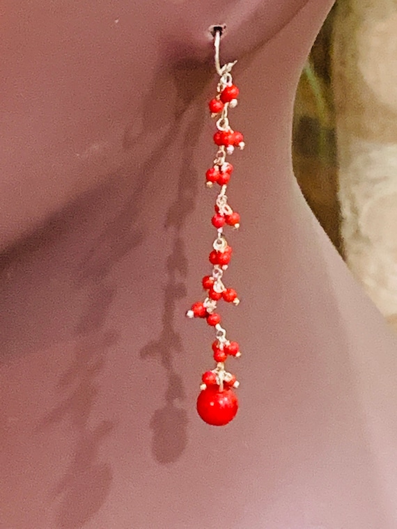 Beaded Coral Beaded Earrings, Beaded Cluster Chain Earrings, Sterling Silver Earrings, Elegant Drop Earings