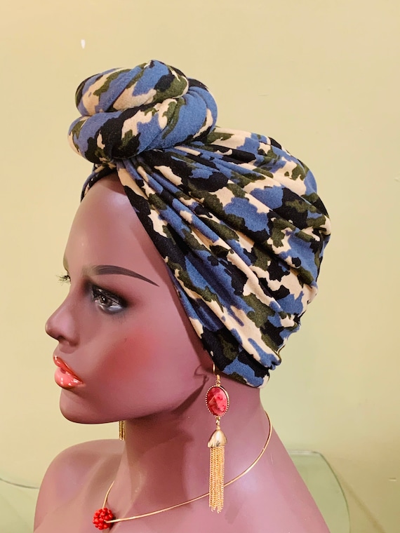 Pre-tied Turban, Camouflage Pre-tied Wraps, Pre-tied Stretch Head wrap, Chemo Cap, Alopecia Cap, Ready-to wear Boho Headwrap, Knotted Turban