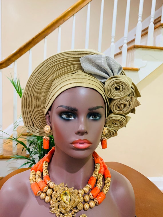 Asoke Auto Gele, African Headwrap, Nigerian Wedding Head Wrap, Handmade Ready To Wear Stoned  Asoke Head Wrap, African Royal Wrap