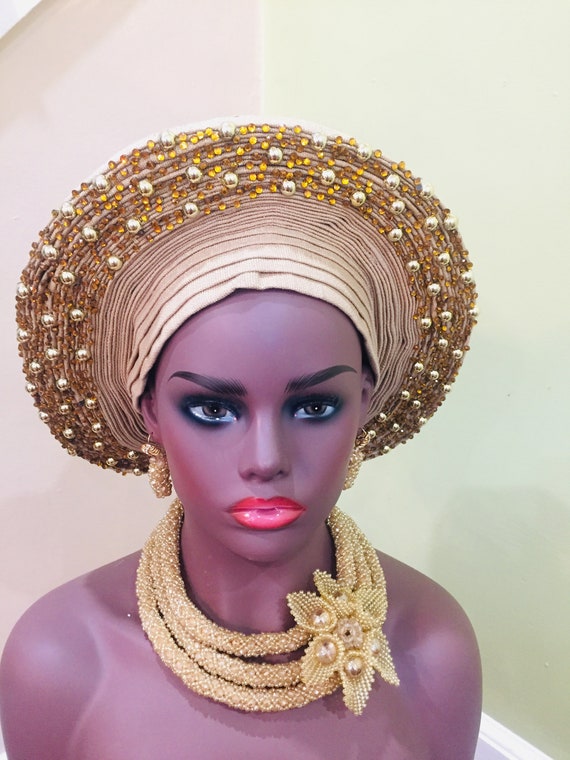 Elegant Crystal Bead Necklace Set, Nigerian Wedding Gold Beads, Crystal Necklace Set, African Wedding Beads Jewelry Set, 3 pc. Necklace Set
