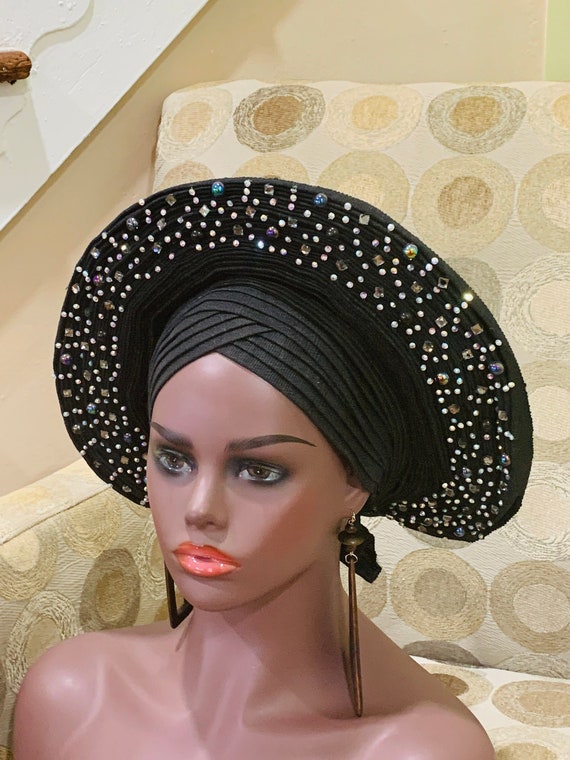 Nigerian Asoke Auto Gele, African Headwrap, Nigerian  Wedding Head Wrap, Handmade Ready To Wear Stoned  Asoke Head Wrap, African Royal Wrap