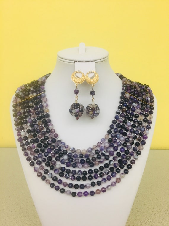 Elegant Agate Necklace Set, Multi Strand Natural Striped Agate Necklace Nigerian Wedding Beads, Mother's Day Gift, African Wedding Beads