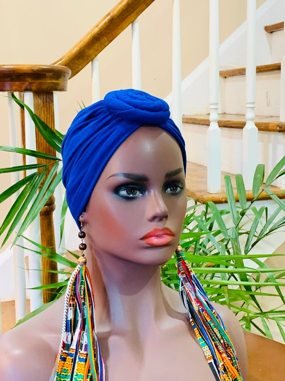 Pre-tied Turban, Women Pre-tied Headwraps, Pre-tied Stretch Headwrap, Chemo Cap, Alopecia Cap, Ready-to wear Blue Headwrap, Knotted Turban