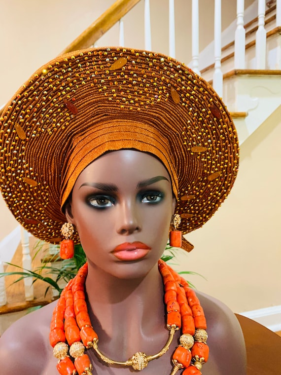 Asoke Auto Gele, African Headwrap, Nigerian Wedding Head Wrap, Handmade Ready To Wear Stoned  Asoke Head Wrap, African Royal Wrap