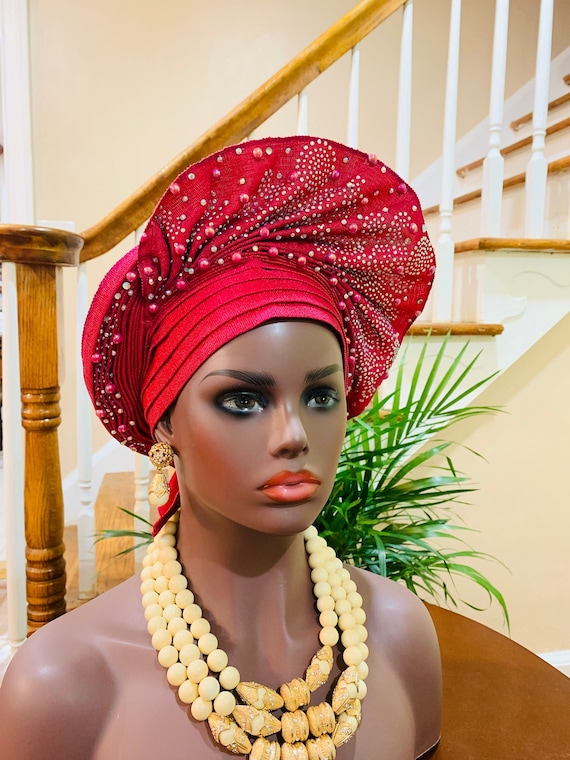 Asoke Auto Gele, African Headwrap, Nigerian Wedding Head Wrap, Handmade Ready To Wear Stoned  Asoke Head Wrap, African Royal Wrap