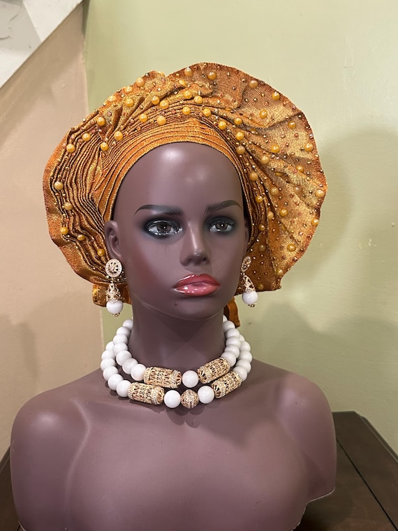 Silver Asoke Auto Gele: Handmade Nigerian Wedding Headwrap