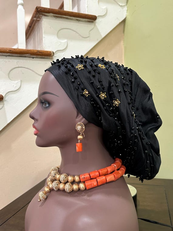 Pre-tied Beaded Turban, Turban Cap for Women, Ready to Wear Cover, African Head Wrap, Cancer Head Cover, chemo/alopecia Headwear, Mom's gift