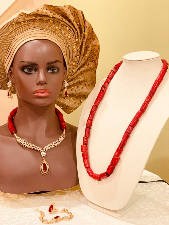 Natural Coral Bead Necklace, Mother's Day Gift, Nigerian Wedding Bead, Traditional Wedding Necklace Set, African Wedding Beads Jewelry Set