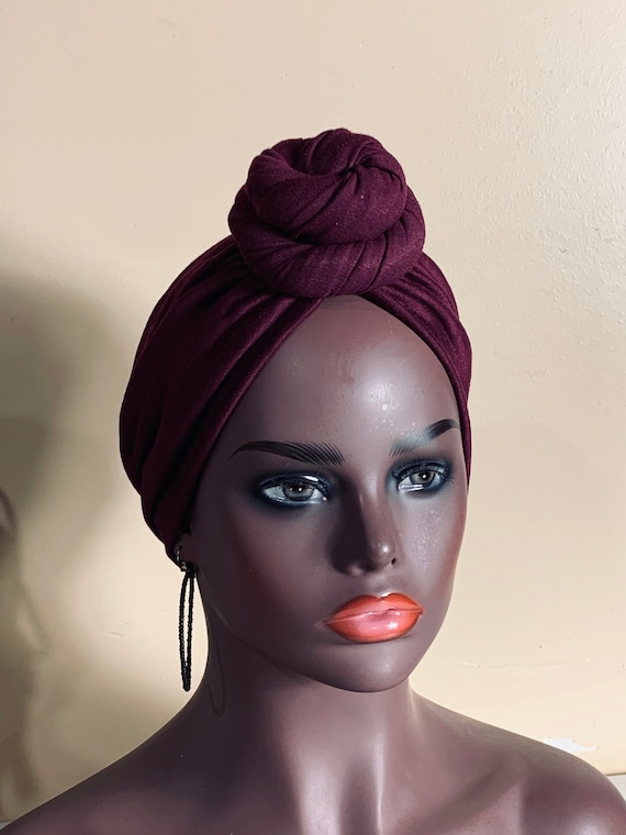 Pre-tied Turban, Women Pre-tied Headwraps, Pre-tied Stretch Headwrap, Chemo Cap, Alopecia Cap, Ready-to wear Burgundy Turban, Knotted Turban