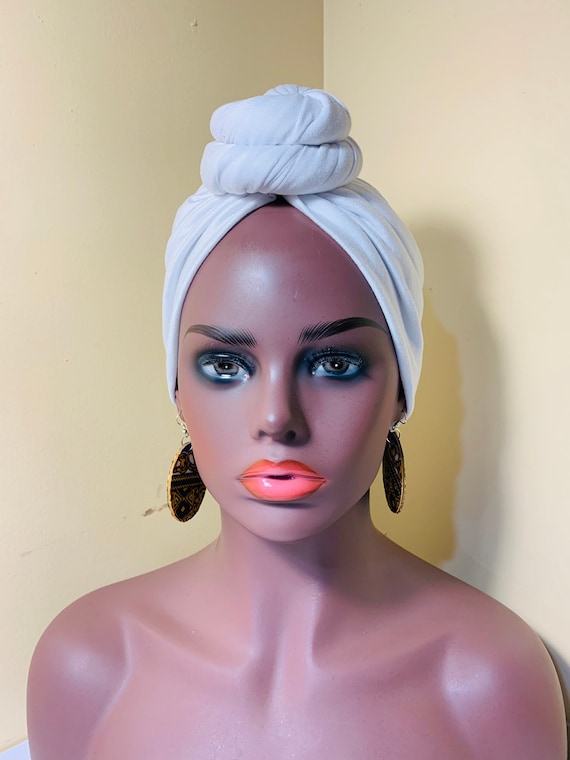 Pre-tied Turban, Women Pre-tied Headwraps, Pre-tied Stretch Headwrap, Chemo Cap, Alopecia Cap, Ready-to wear White Head wrap, Knotted Turban