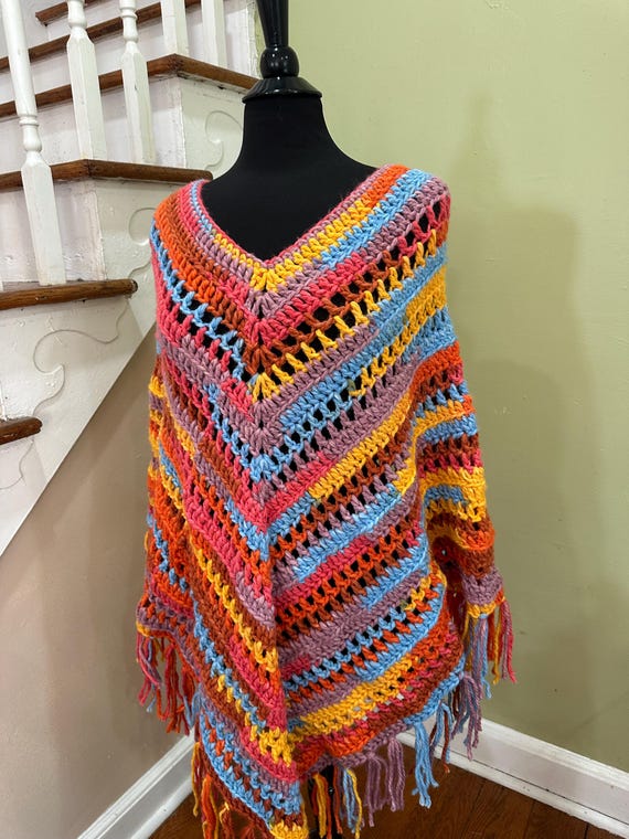Handmade Plus size Crochet Poncho: Boho Granny Square Cape, Fall Fashion, Spring Fashion, Fits Large to 2XL