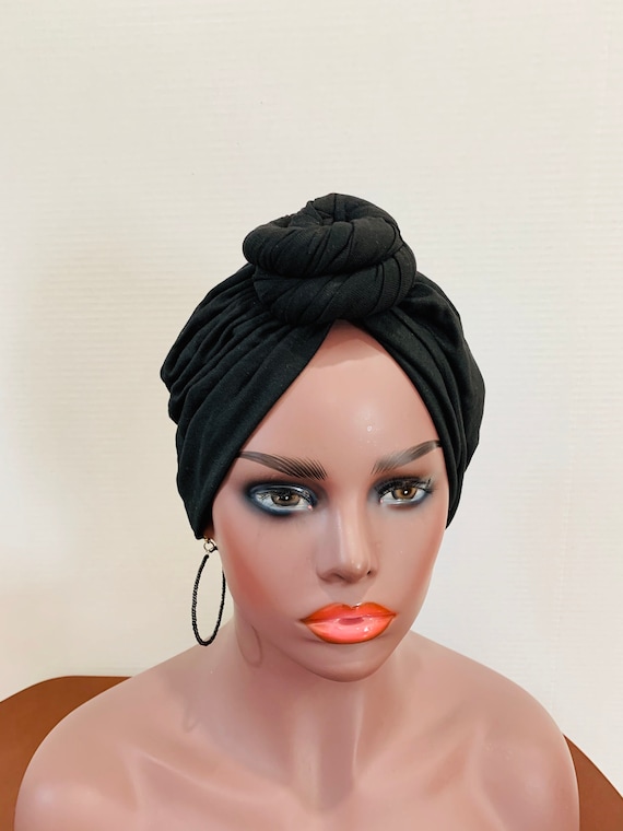 Black Pre-tied Turban, Women Pre-tied Headwraps, Pre-tied Stretch Headwrap, Chemo Cap, Alopecia Cap, Ready-to wear Headwrap, Knotted Turban