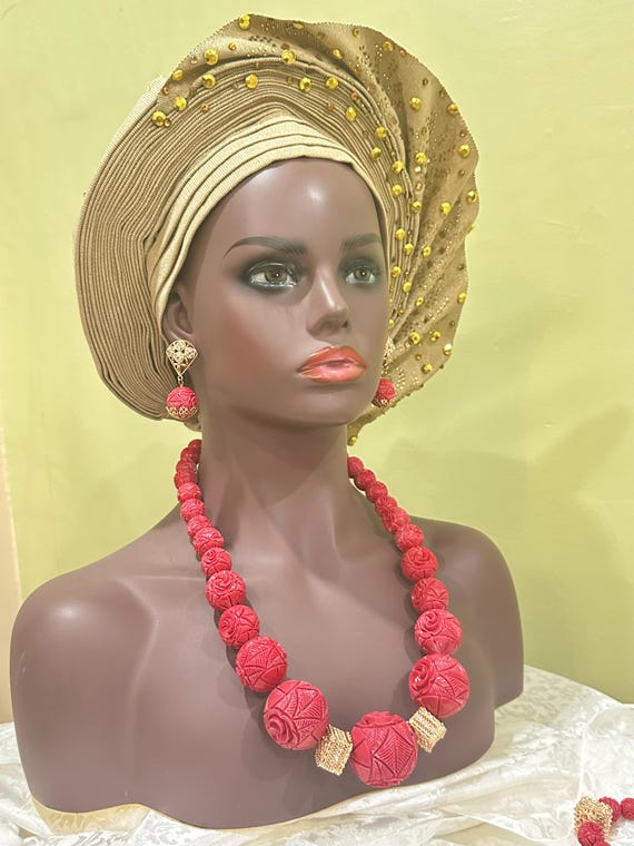 Carved Coral Bead Necklace, Mother's Day Gift, Nigerian Wedding Bead, Traditional Wedding Necklace Set, African Wedding Beads Jewelry Set