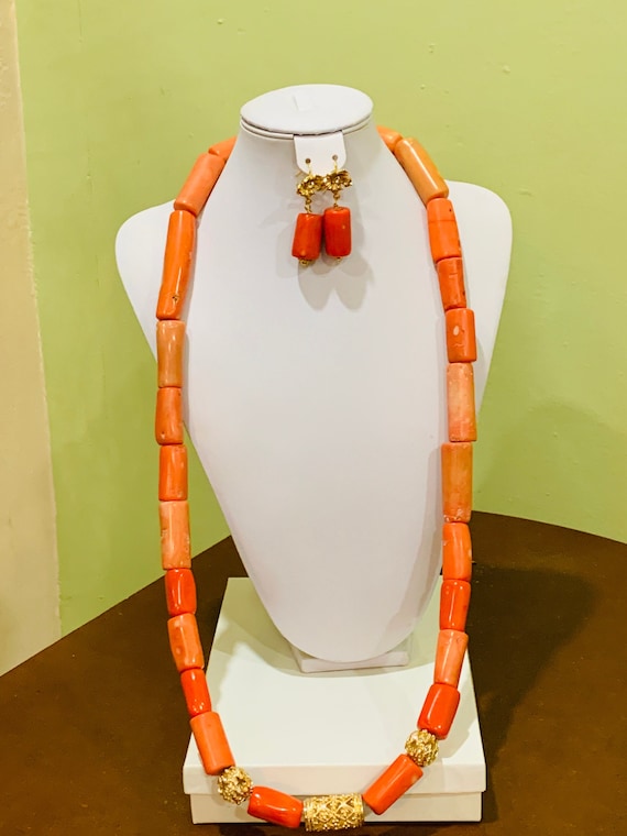 Pink Coral Bead Necklace Set, Mother's Day Gift, Nigerian Wedding Bead, Traditional Wedding Necklace Set, African Wedding Beads Jewelry Set