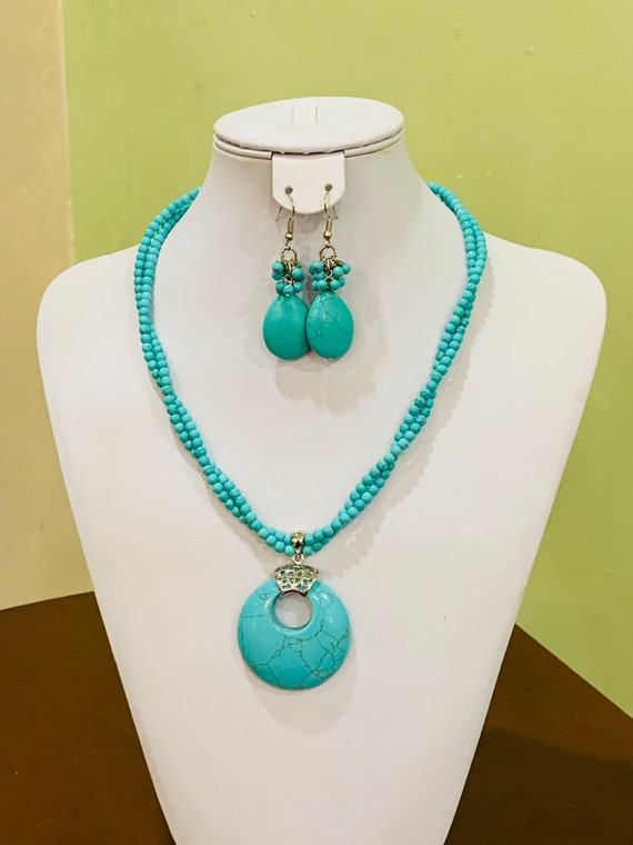Turquoise Howlite Bead Necklace, Mother's Day Gift, Nigerian Wedding Bead, Cluster bead Earrings, African Wedding Beads Jewelry Set