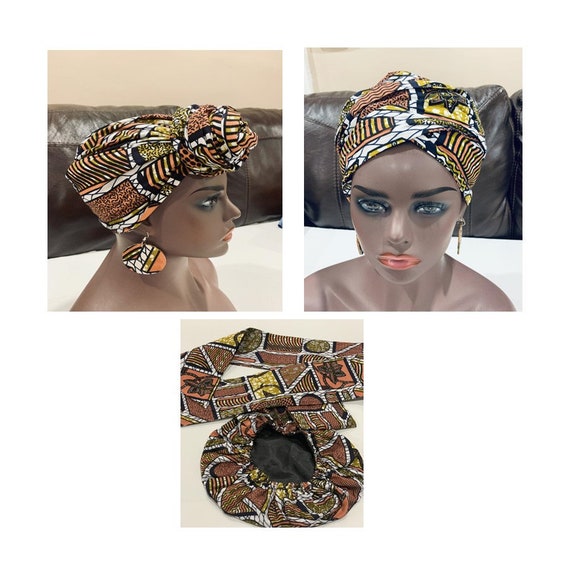 2-in-One Satin Lined Bonnet Head Wrap, African Fabric Head wrap, African Fabric Versatile Head wrap, Ankara Earring, African Fashion