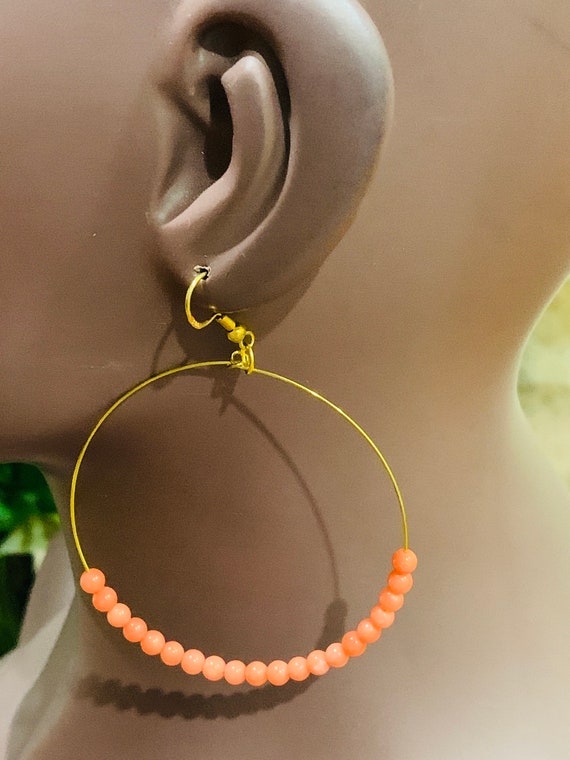 Beaded Coral Beaded Earrings, Beaded Cluster Chain Earrings, Coral Earrings, Elegant Drop Earings, Coral Hoop Earrings, Seed Bead Earrings