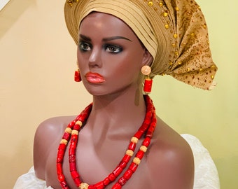 Red Coral Bead Jewelry Set: Nigerian Wedding Necklace, Earrings & Bracelet