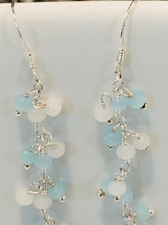 Chalcedony Cluster Earrings, Beaded Cluster Chain Earrings, Sterling Silver Earrings, Elegant Drop Earings