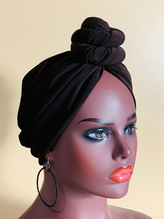Pre-tied Turban, Women Pre-tied Headwraps, Pre-tied Stretch Headwrap, Chemo Cap, Alopecia Cap, Ready-to wear Brown Head wrap, Knotted Turban