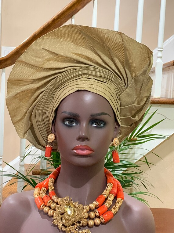 Asoke Auto Gele, African Headwrap, Nigerian Wedding Head Wrap, Handmade Ready To Wear Stoned  Asoke Head Wrap, African Royal Wrap