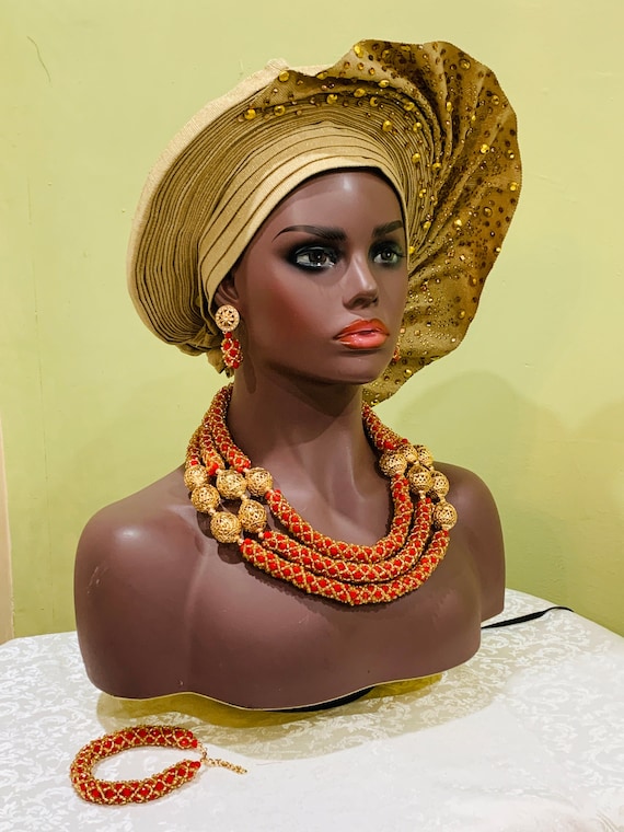 Elegant Crystal Bead Necklace Set, Nigerian Wedding Gold Beads, Crystal Necklace Set, African Wedding Beads Jewelry Set, 3 pc. Necklace Set