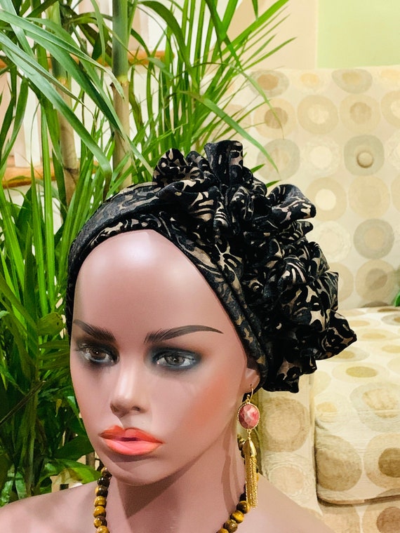 Pre-tied Women Turban, V Shaped Turban with Ruffle, Stretchy Headwrap, Chemo Cap, Alopecia Cap, Ready-to-wear Boho Headwrap, Royal Auto Gele