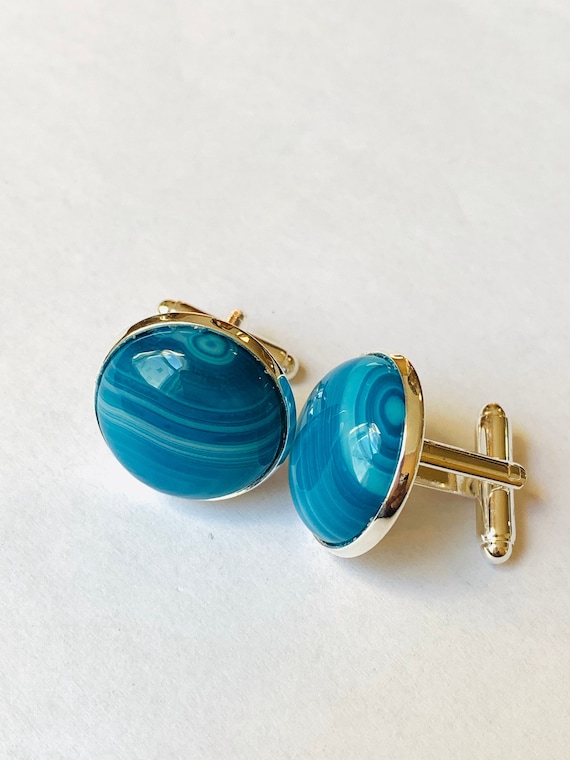Blue Agate Onyx Cuff links, Gemstone Cuff links, Gift for Fathers, Boyfriend's gift,  Groomsmen Cufflinks, Wedding Cufflinks,Gift for Dad