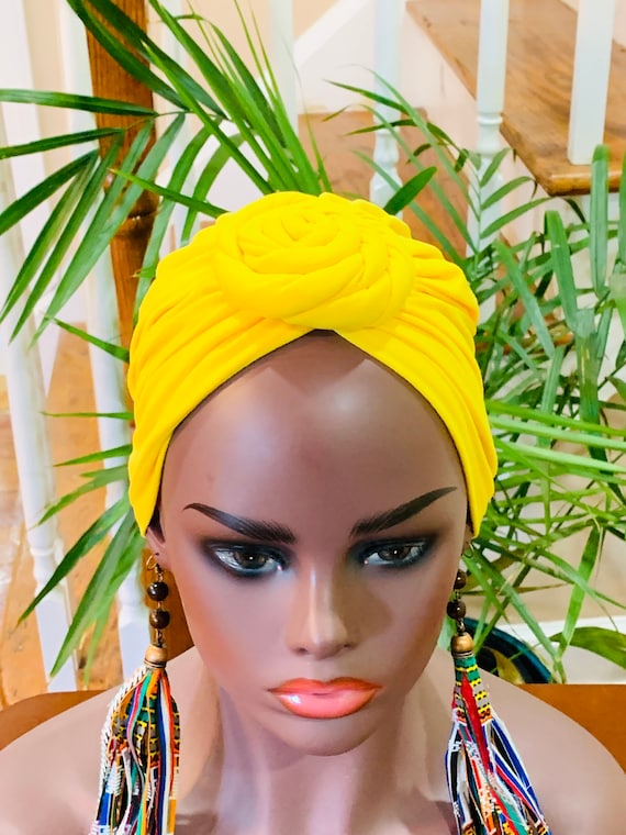 Pre-tied Turban, Women Pre-tied Headwraps, Pre-tied Stretch Headwrap, Chemo Cap, Alopecia Cap, Ready-to wear Yellow Headwrap, Knotted Turban