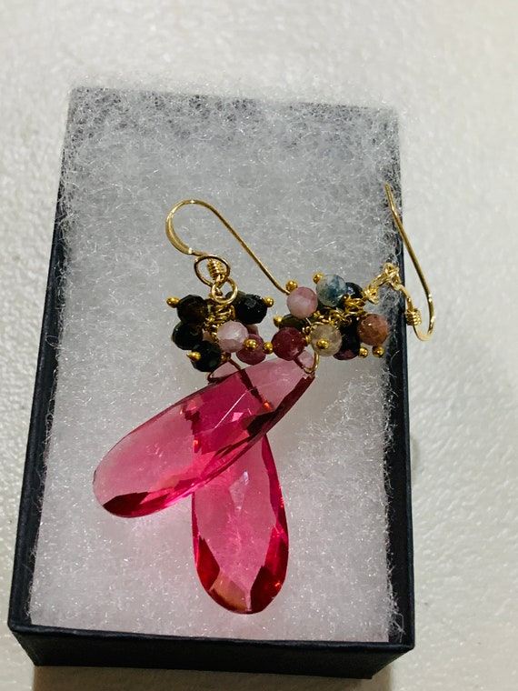 Tourmaline Long drop Earrings, Briolettes Earrings, Tear Cluster Earrings, Briolettes Jewelry, Gold Filled Earrings, Elegant Drop Earings