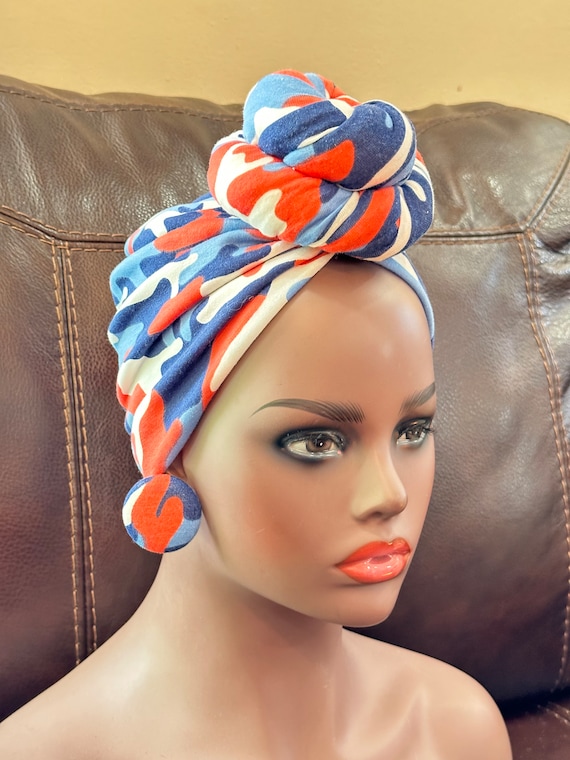 Pre-tied Turban, Camouflage  Pre-tied Wraps, Pre-tied Stretch Headwrap, Chemo Cap, Alopecia Cap, Ready-to wear Boho Headwrap, Knotted Turban