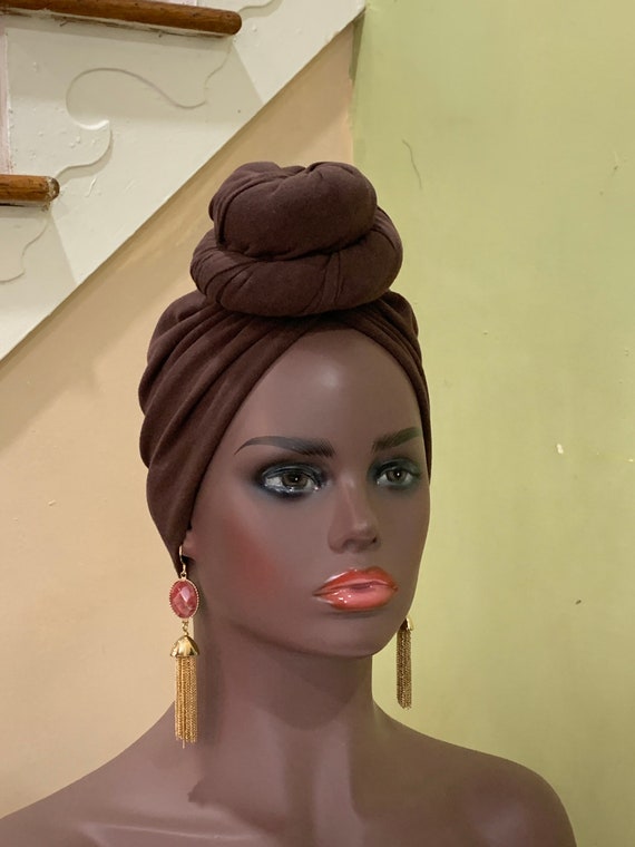 Pre-tied Coffee Brown Turban: Stretchy Jersey Knit Headwrap
