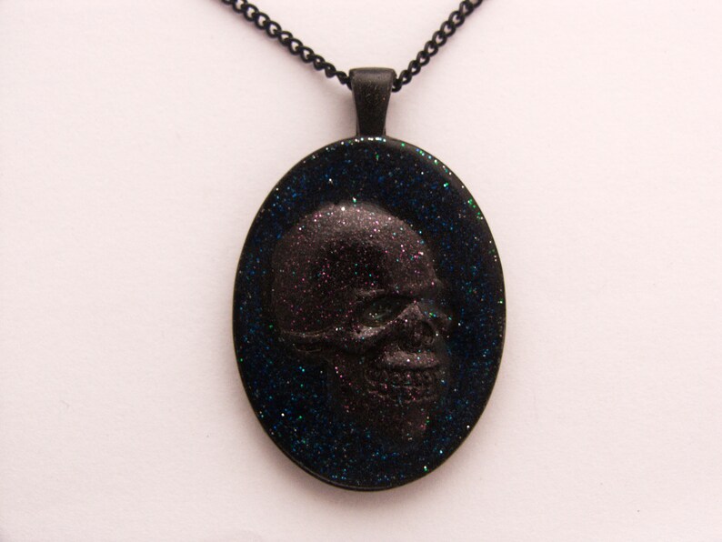 victorian gothic gothic lolita skull necklace resin necklace skull medallion blue black necklace Big necklace with skull cameo