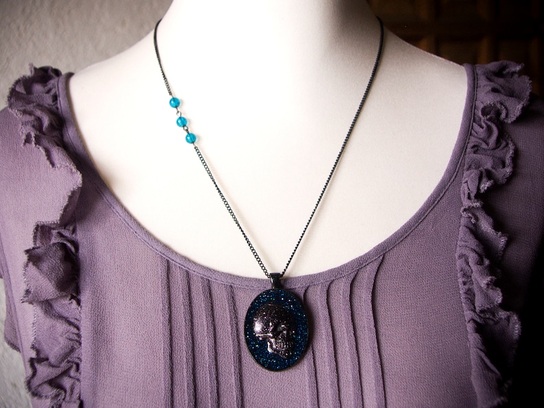 victorian gothic gothic lolita skull necklace resin necklace skull medallion blue black necklace Big necklace with skull cameo