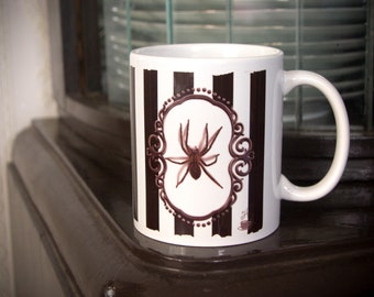 Mug with spider, retro mug, vintage mug, mug for goth, stripes, victorian style mug, gothic mug, black and white mug, halloween, horror