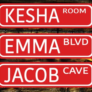 May include: Three red rectangular signs with white lettering. The top sign reads "Kesha Room", the middle sign reads "Emma Blvd", and the bottom sign reads "Jacob Cave".