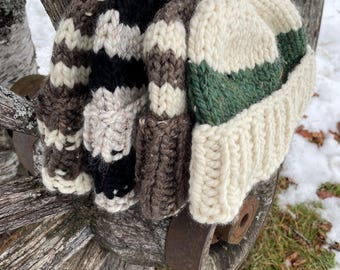 Knitted Beanie hat, handmade adult, unisex, wool blend, stripes, comfy and warm with roll up brin for extra warmth