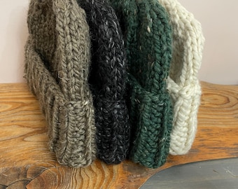 Knitted Beanie hat, handmade adult, unisex, wool blend, roll up brim for extra warmth.