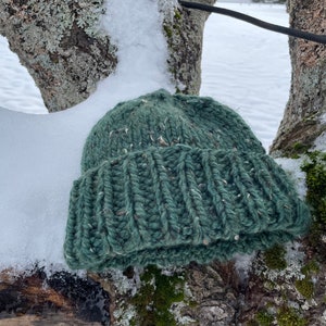 Knitted Beanie hat, handmade adult, unisex, wool blend, green kale