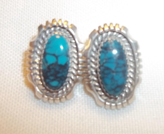 Vintage Estate Turquoise Signed LS Silver Earrings - image 1