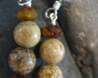 Agate orbs with amber colored glass accent beads earrings