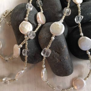 Coin pearls, clear crystal and silver bead necklace