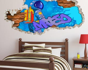 Graffiti Name Wall Sticker Personalized - Astronaut Wall Decor for Kids Room, Space Wall Art, Custom Street Art Decal, Childrens Wall Mural