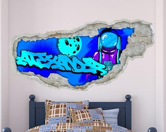 Graffiti Name Wall Art Personalized - Astronaut Wall Sticker for Kids Room, Space Wall Art, Custom Street Art Decor, Childrens Mural