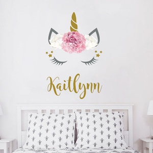 New Girls Name Unicorn Wall Decals. Unicorn Floral Personalized Vinyl Stickers. Unicorn Wall Mural. Unicorn Flowers Bedroom Decor PS133