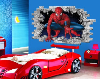 Spiderman Wall Sticker. Superhero Hole in the Decal. Movie Spiderman Wall Murals. Custom Decals. Spiderman Above Bed. Boys Gift Decal PS246