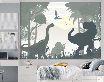 Jurassic Wallpaper for Kids Room Removable. Dinosaur Trex Wall Mural. Sunset and Mountains Self Adhesive Wallpaper. Dinosaur Non-Woven